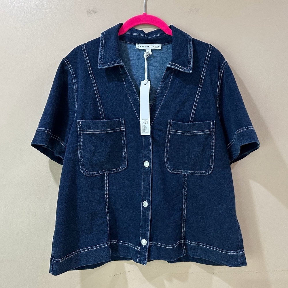 Jane and Delancey Navy Blue Button-Down Short Sleeve Shirt